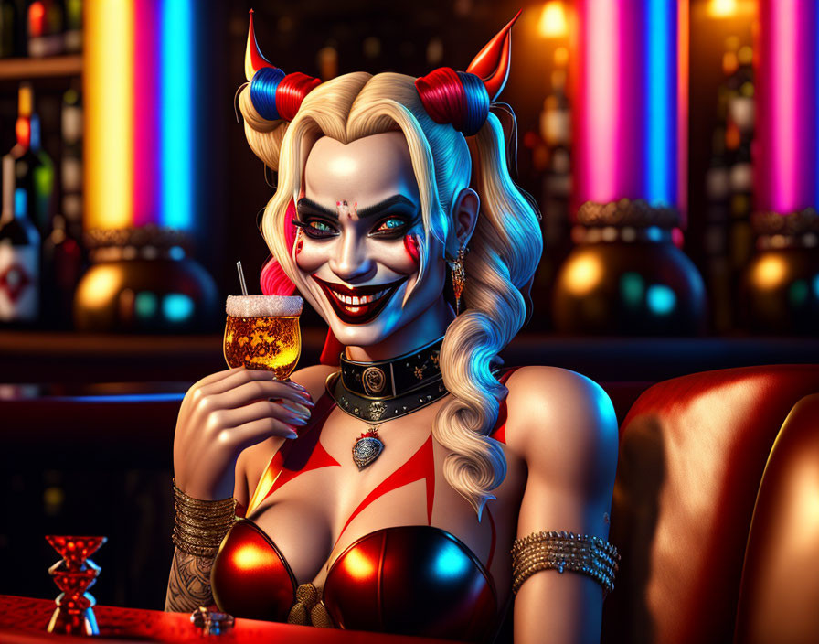 Stylized image of devilish woman with cocktail at neon-lit bar