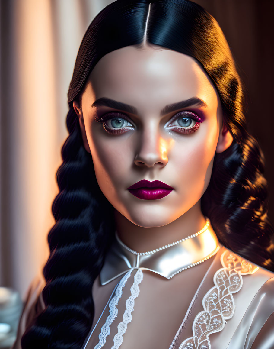 Digital portrait of woman: blue eyes, dark hair, purple eye shadow, delicate necklace.
