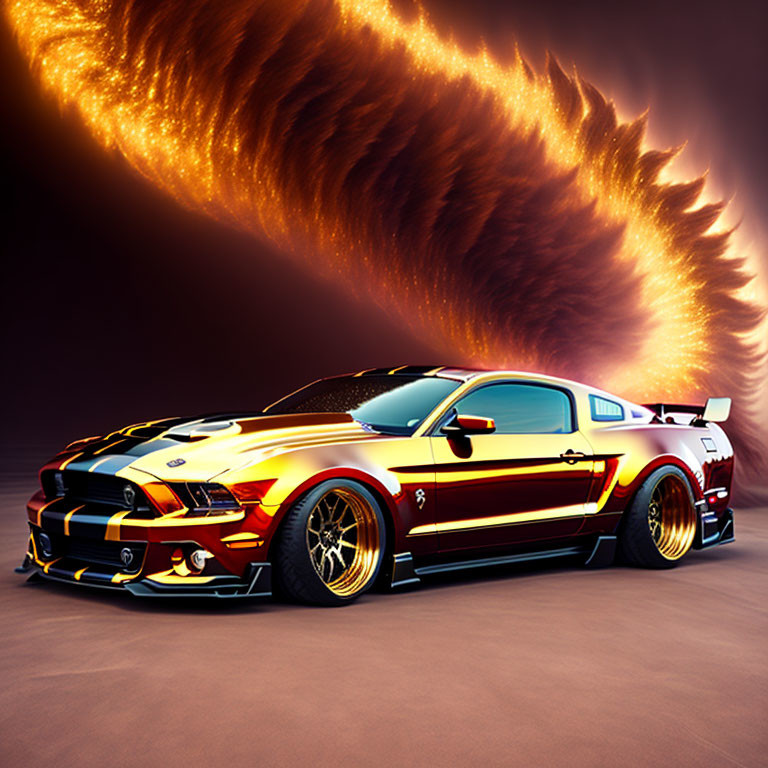 Custom Ford Mustang with racing stripes and fiery trail on dark background