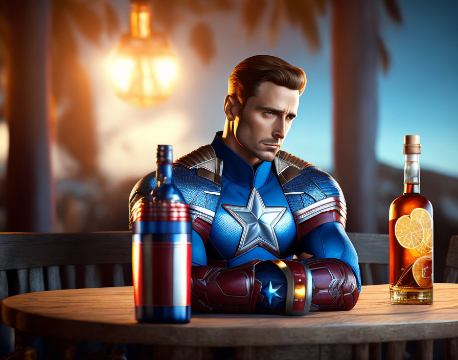 Captain America 3D illustration sitting at bar in sunset-lit room
