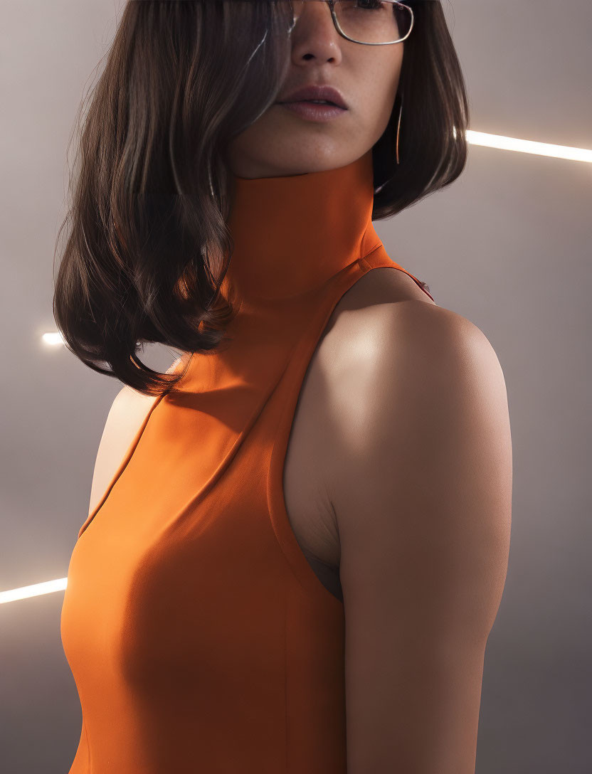 Woman in sunglasses and orange top poses in studio with neon lines.