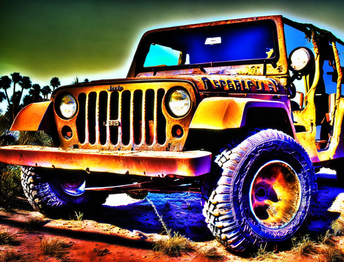 Vibrant yellow Jeep Wrangler in desert with exaggerated edits