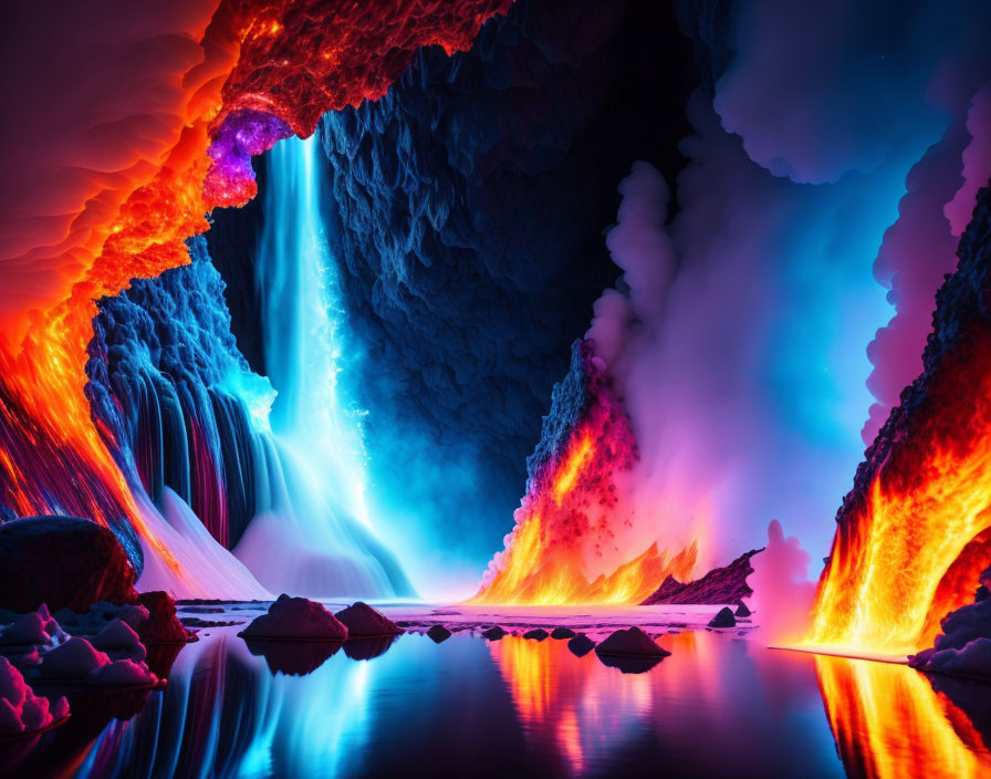 Colorful Cave with Waterfall and Ice Chunks in Still Water