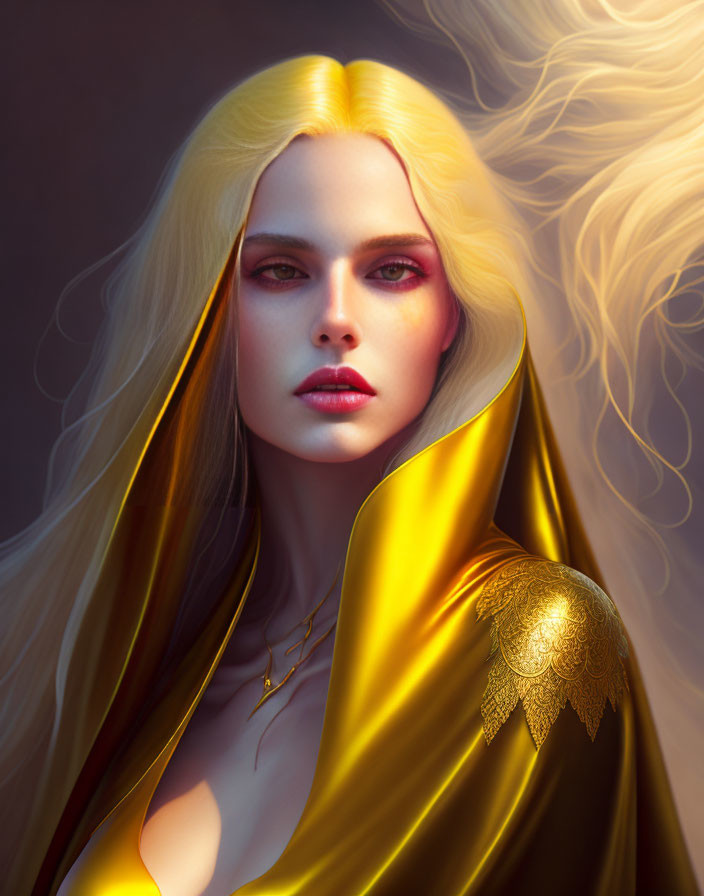 Digital portrait of woman with golden hair and intense gaze in gold cloak.