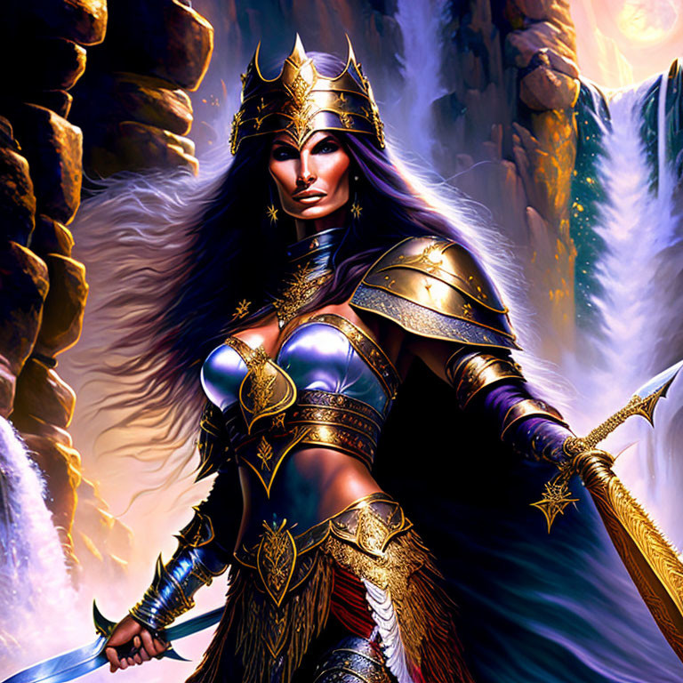 Warrior woman in golden armor with spear in mystical cave setting