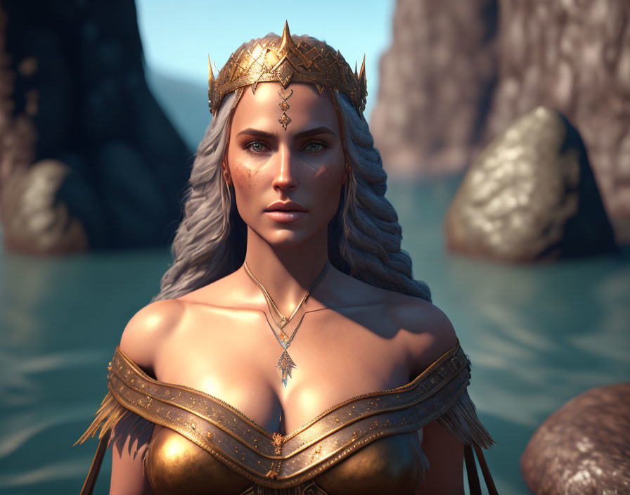 Silver-Haired Woman with Golden Crown by Serene Waters and Cliffs