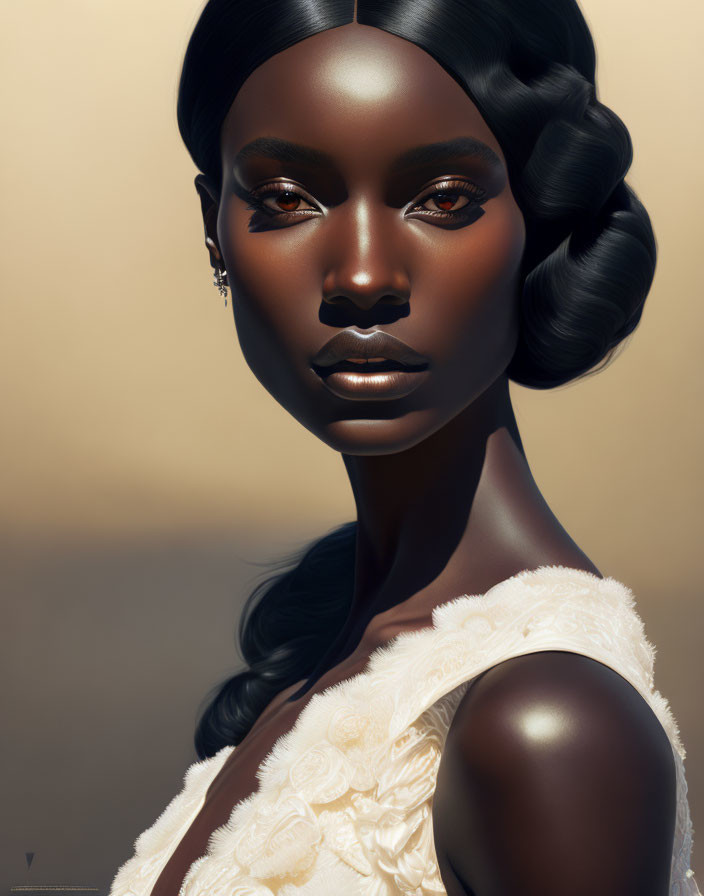 Portrait of woman with deep skin tone, luminous eyes, glossy sculpted hair, delicate earrings,