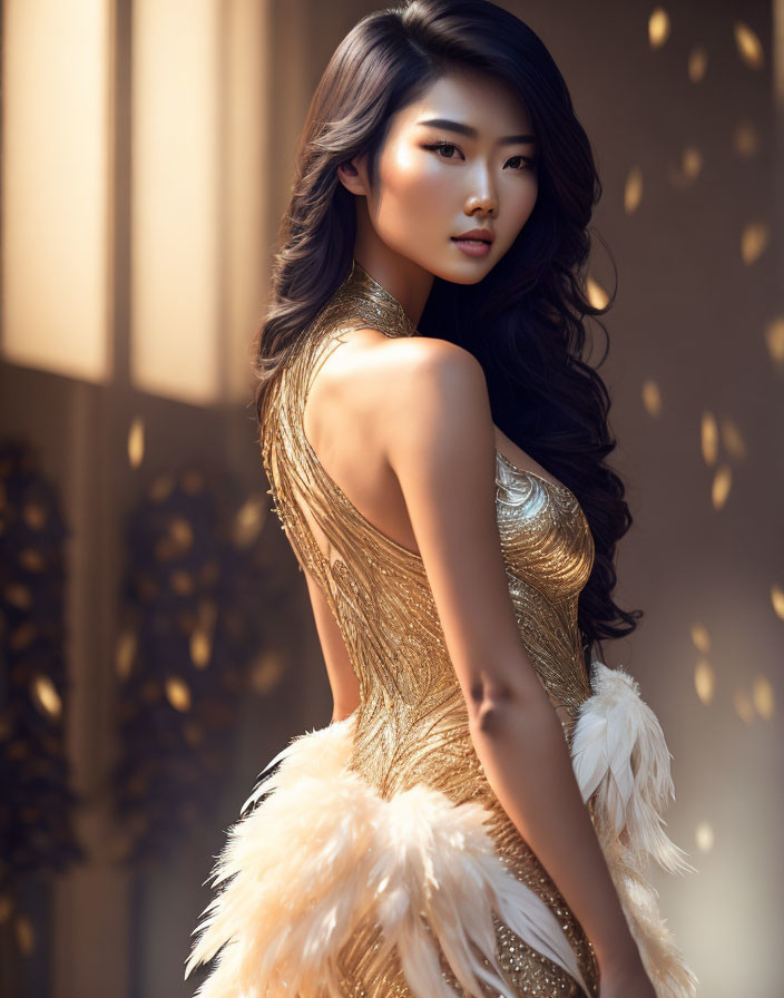 Shimmering gold dress with feather details on elegant woman