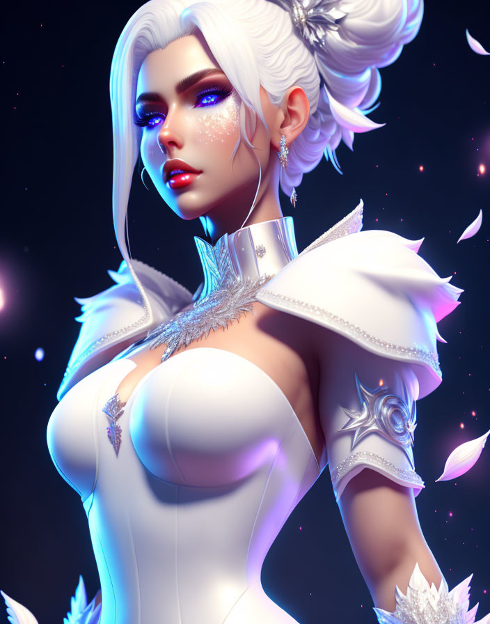 Stylized digital portrait of woman with white hair and fantasy makeup