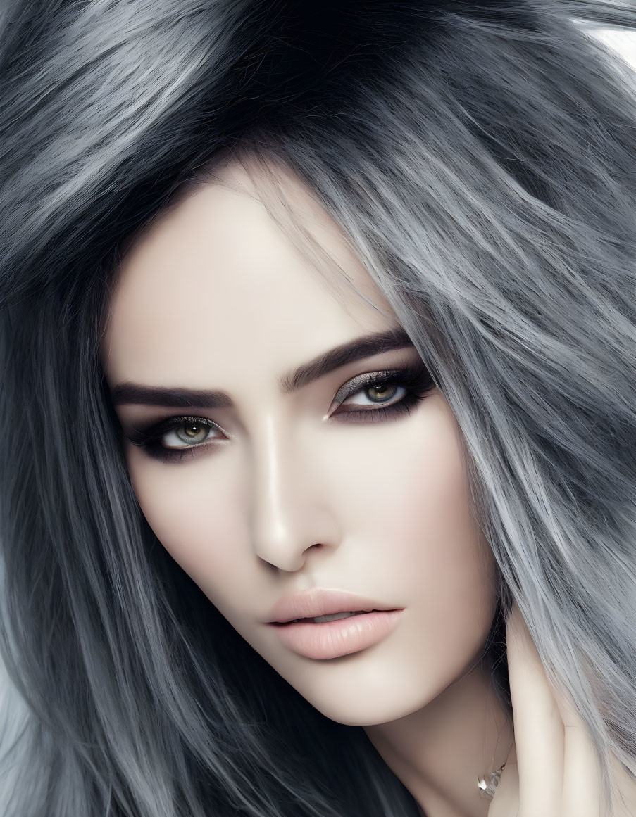 Portrait of woman with gray hair and dark eyes in striking makeup.
