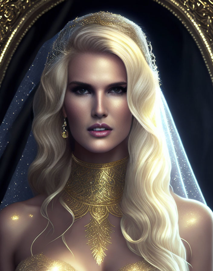 Blonde woman in gold jewelry and veil with blue eyes