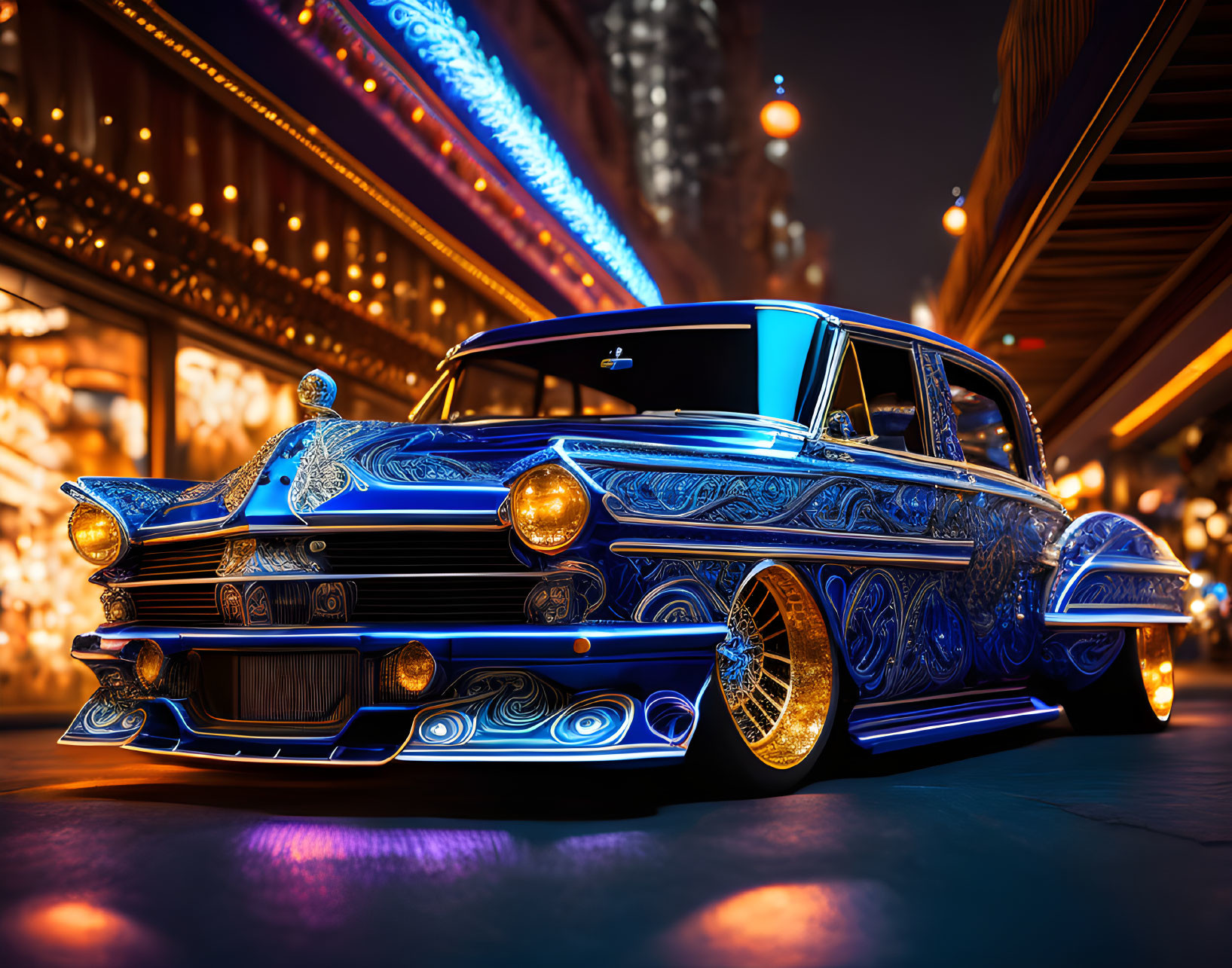 Vintage Car with Blue Designs and Golden Wheels Parked Under Neon Lights