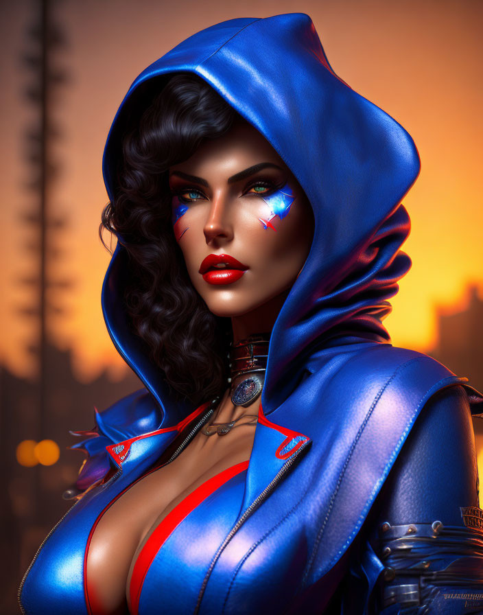 Digital portrait of woman with blue eyes in superhero costume against sunset.