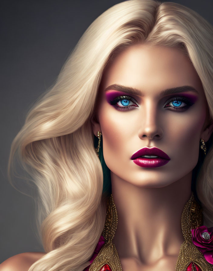 Blonde Woman Portrait with Blue Eyes and Bold Makeup