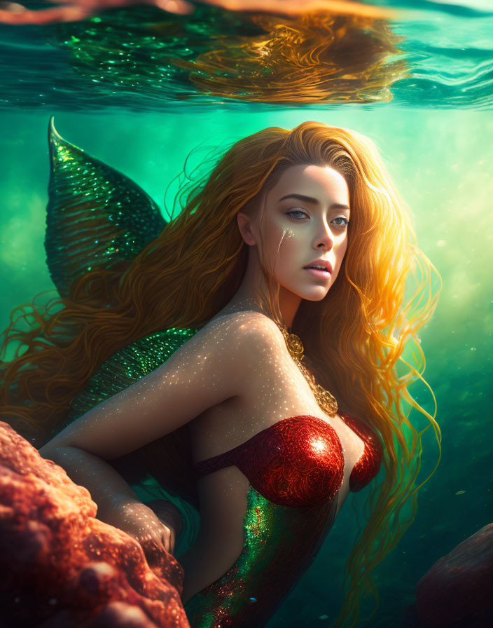 Mermaid with Long Hair and Green Tail Submerged in Water