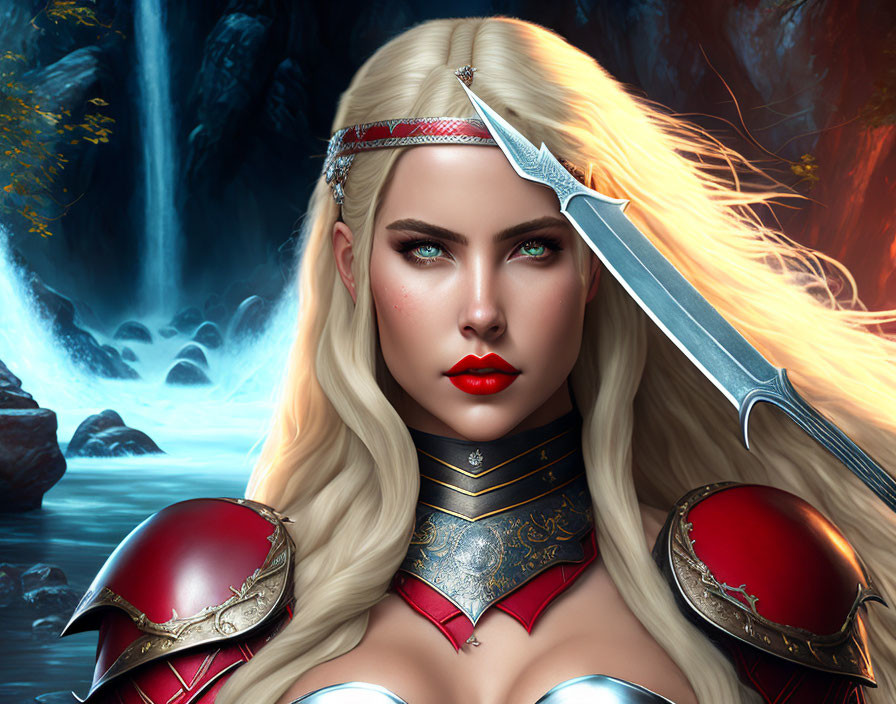 Fantasy female warrior digital artwork with blonde hair and silver crown