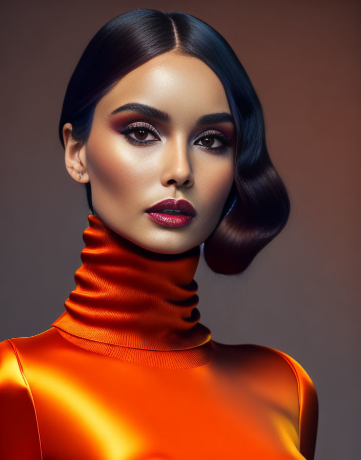 Woman with sleek hair and bold makeup in high-neck orange top against warm-toned background