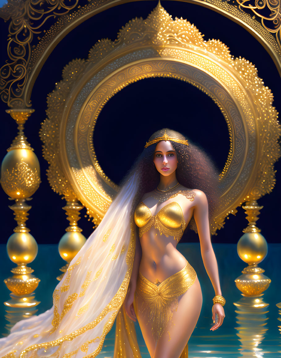 Illustrated woman with long dark hair in golden attire before ornate archway