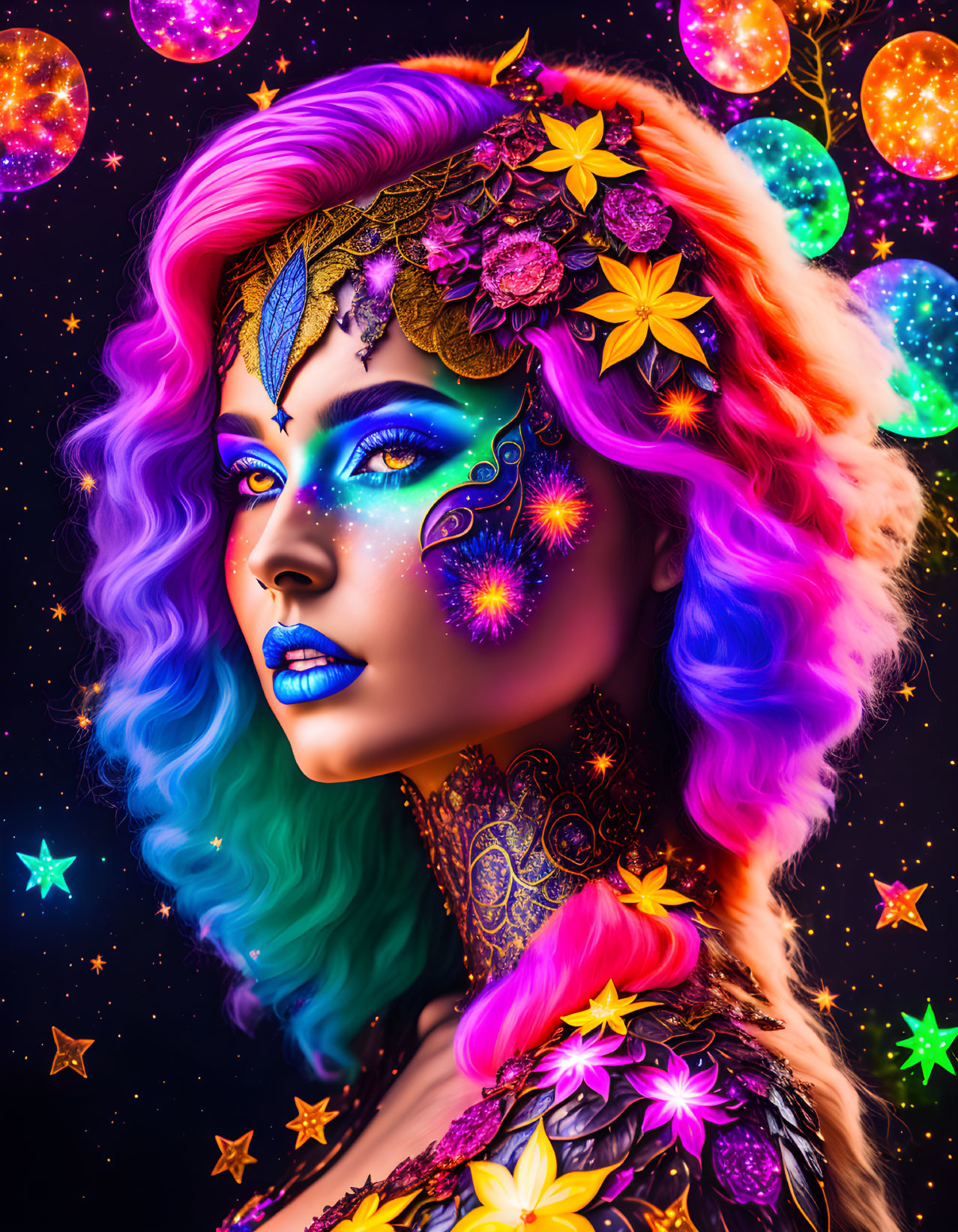 Colorful portrait of woman with purple and blue hair, cosmic makeup, floral headpiece, surrounded by