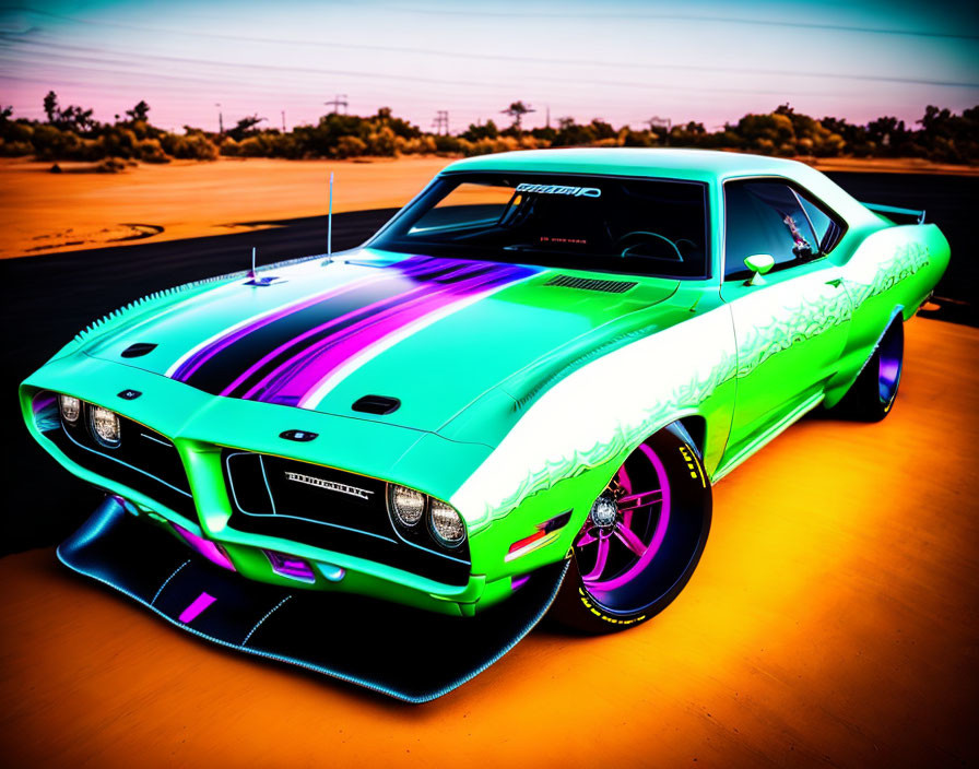 Custom-painted classic muscle car in green and purple on orange surface