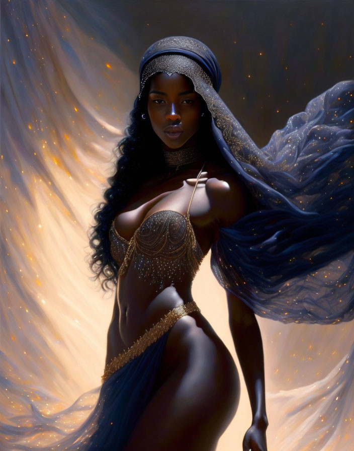 Dark-skinned woman in regal attire with blue fabric in fantastical setting.
