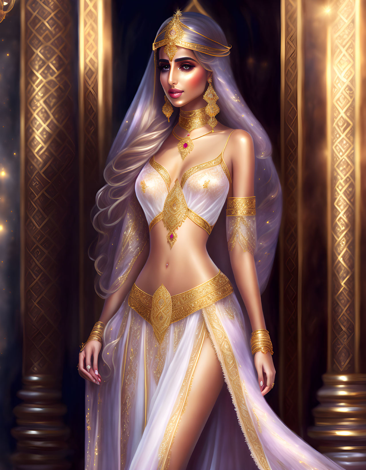 Regal woman in golden and white attire in a palatial setting