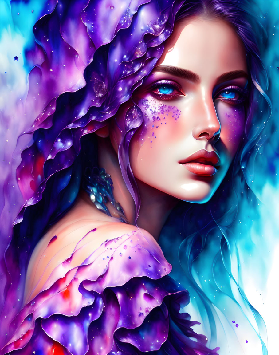 Cosmic-themed digital artwork of a woman with blue wavy hair