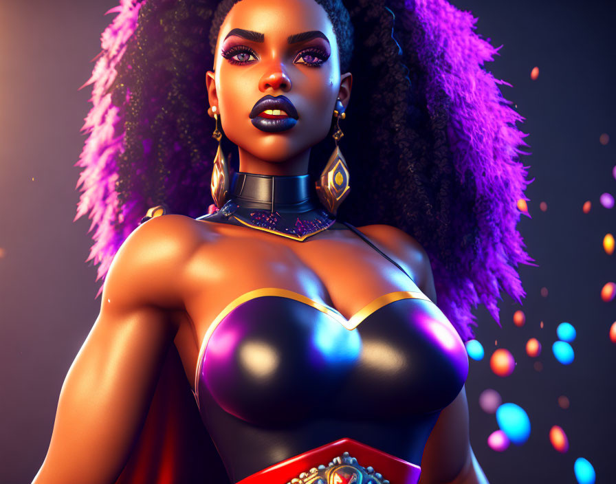 Vibrant purple afro hair woman in futuristic outfit on colorful bokeh background