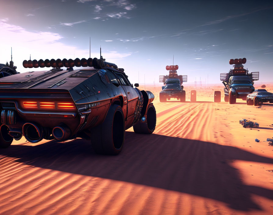 Array of Exhausts: Futuristic Vehicles Racing in Desert Landscape