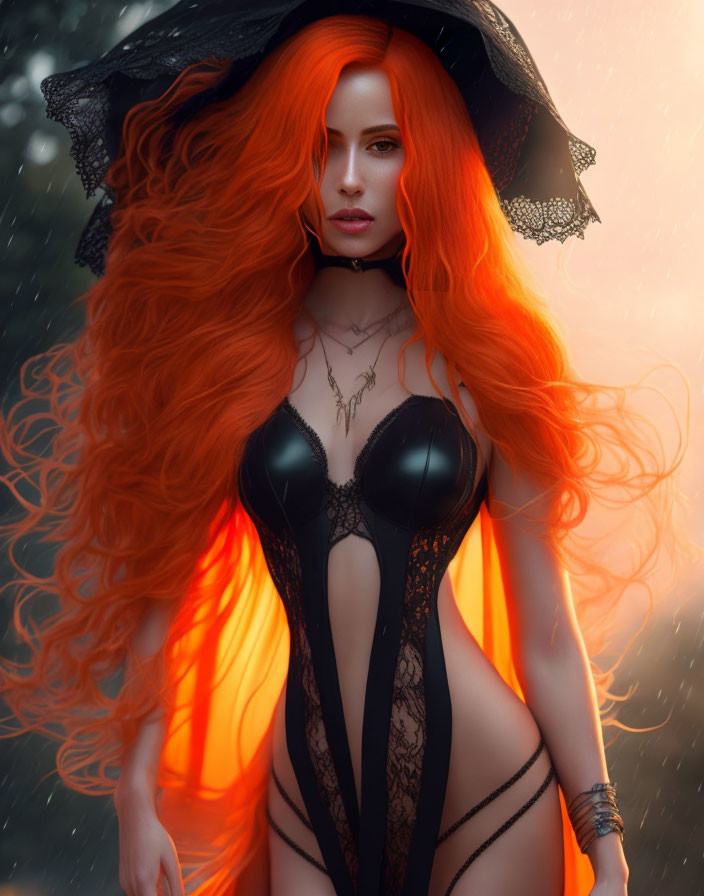 Fiery red-haired woman in gothic attire with mystical orange glow
