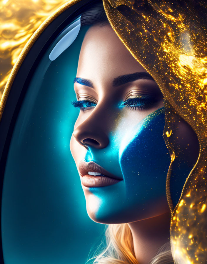 Woman's face blended with cosmic elements: glowing golden fabric and universe-themed blue with stars