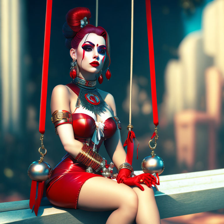 Stylized female figure with red and white makeup on swing in cityscape