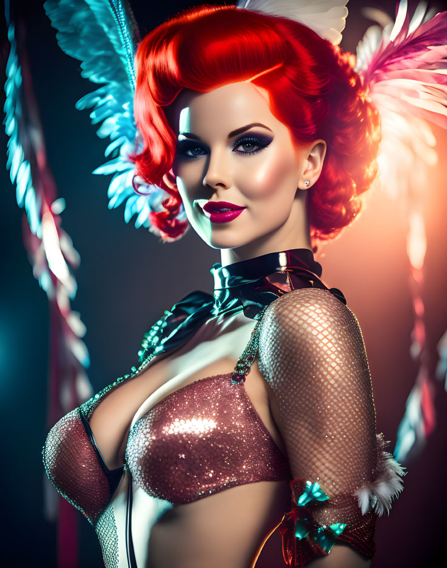 Fantastical digital artwork: Red-haired woman with wings in burlesque style
