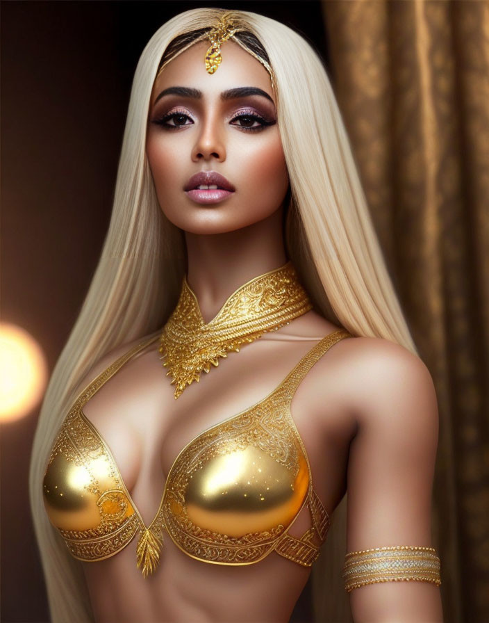 Blonde woman in gold jewelry and bikini top against blurred backdrop
