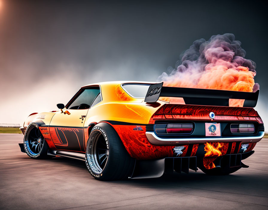 Custom Classic Car with Fiery Paint Job and Vibrant Smoke in Dynamic Burnout