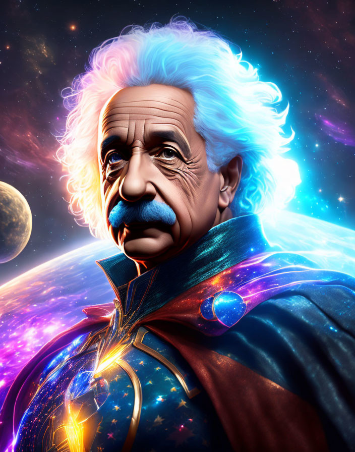 Illustration of cosmic superhero with white hair and star-filled cape on space backdrop