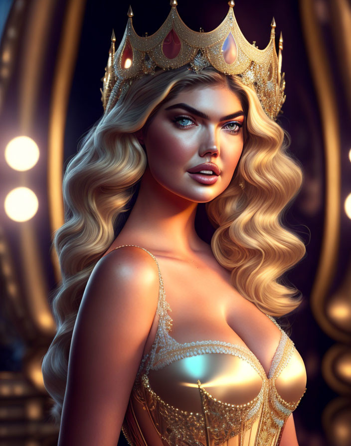 Blonde woman with golden crown and pink gems in glowing lights