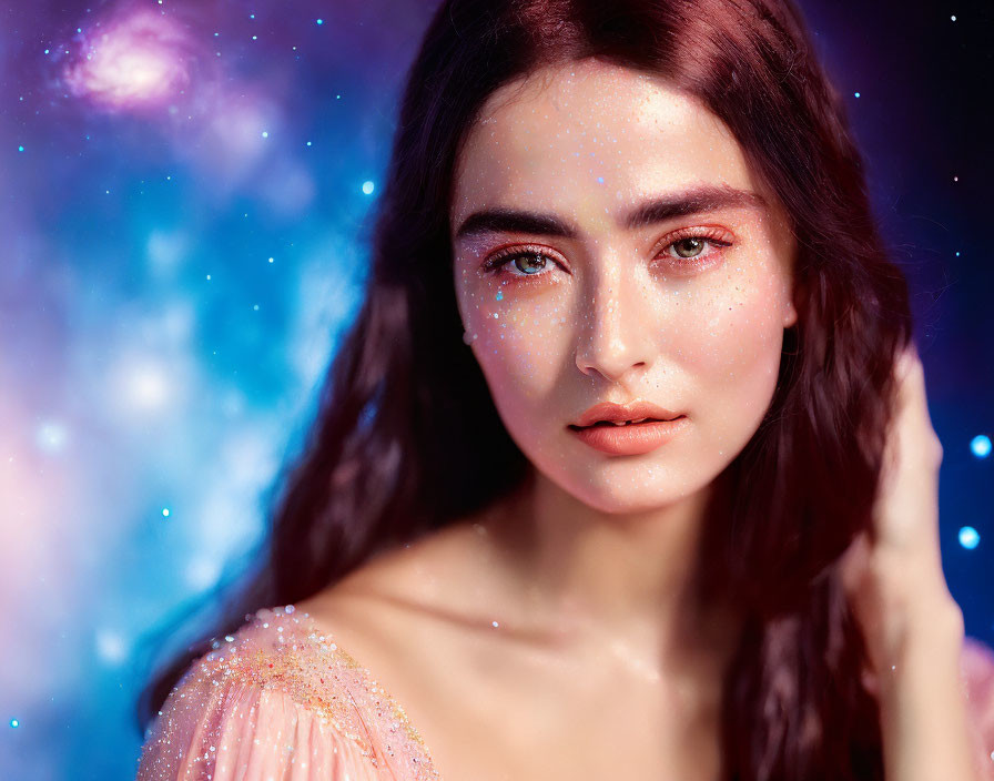 Dark-haired woman with prominent eyebrows in sparkling makeup on cosmic backdrop