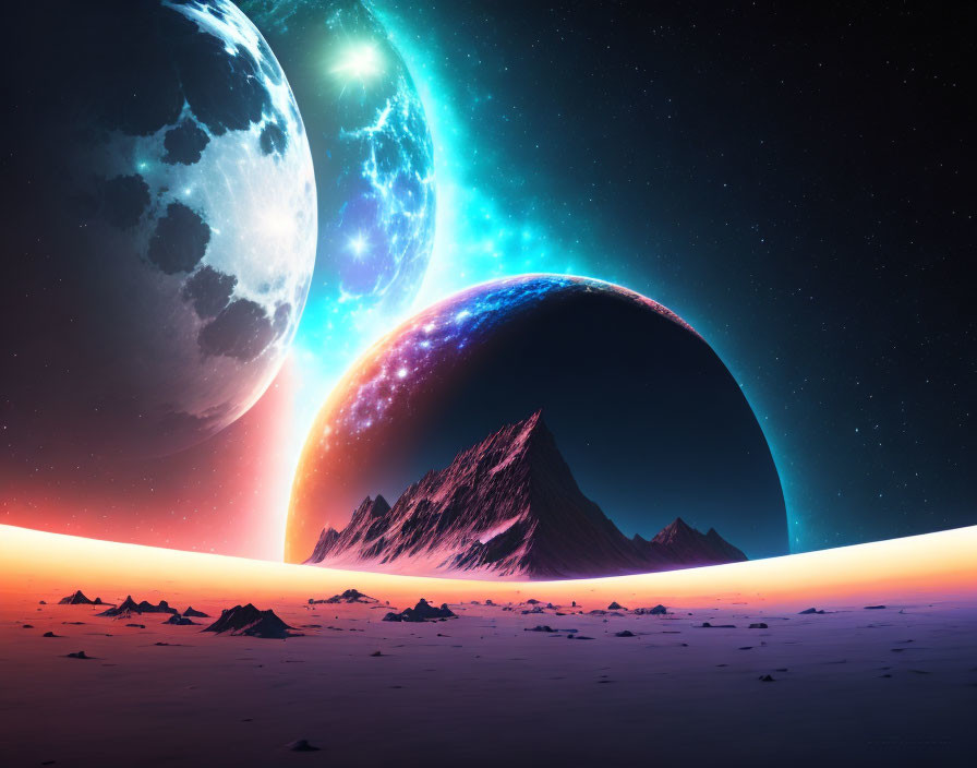 Vibrant cosmic landscape with planet, moon, and star over mountains