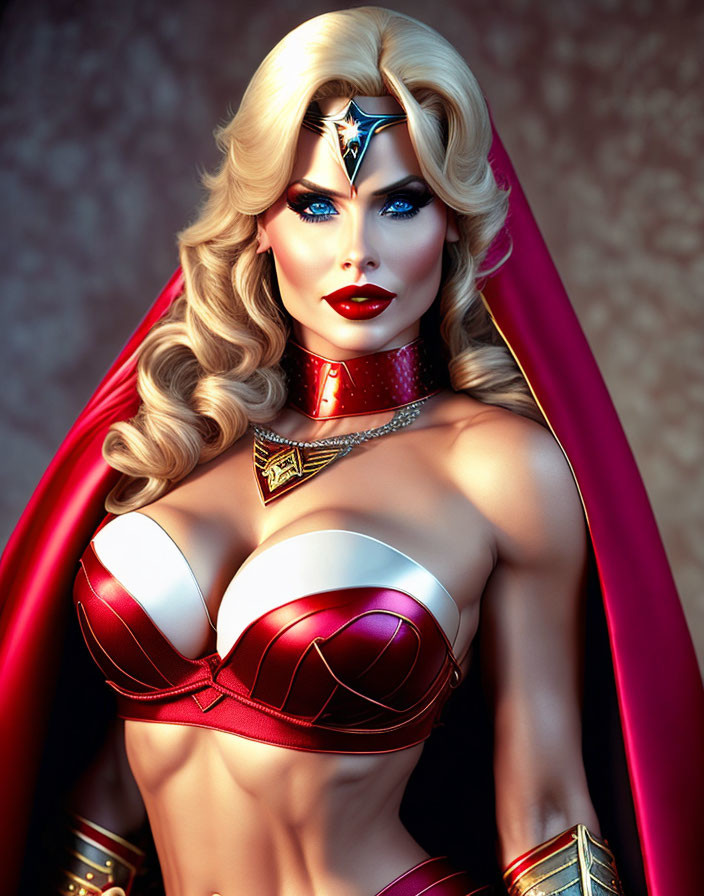 Blonde superheroine with blue eyes in red and gold costume