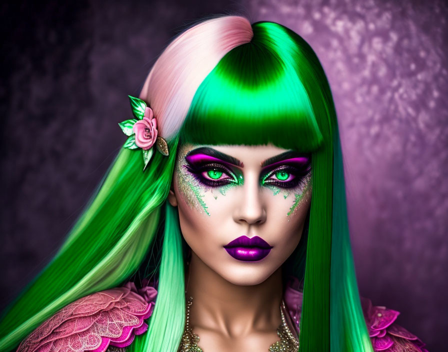 Vibrant Green and Pink Hair with Purple Lipstick and Elaborate Eyeshadow