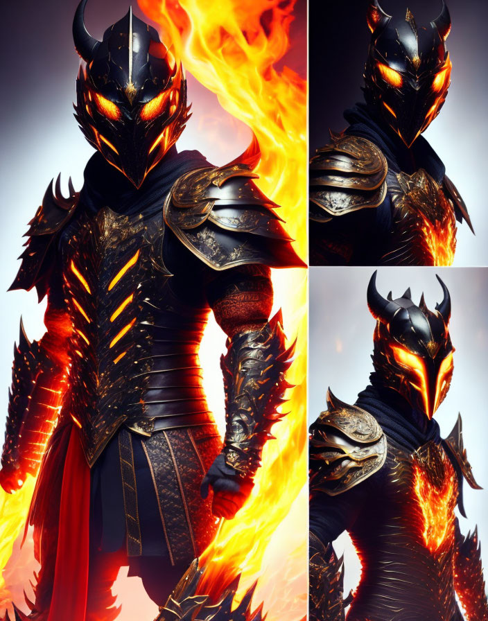 Warrior in Dark Armor with Fiery Accents and Flaming Sword