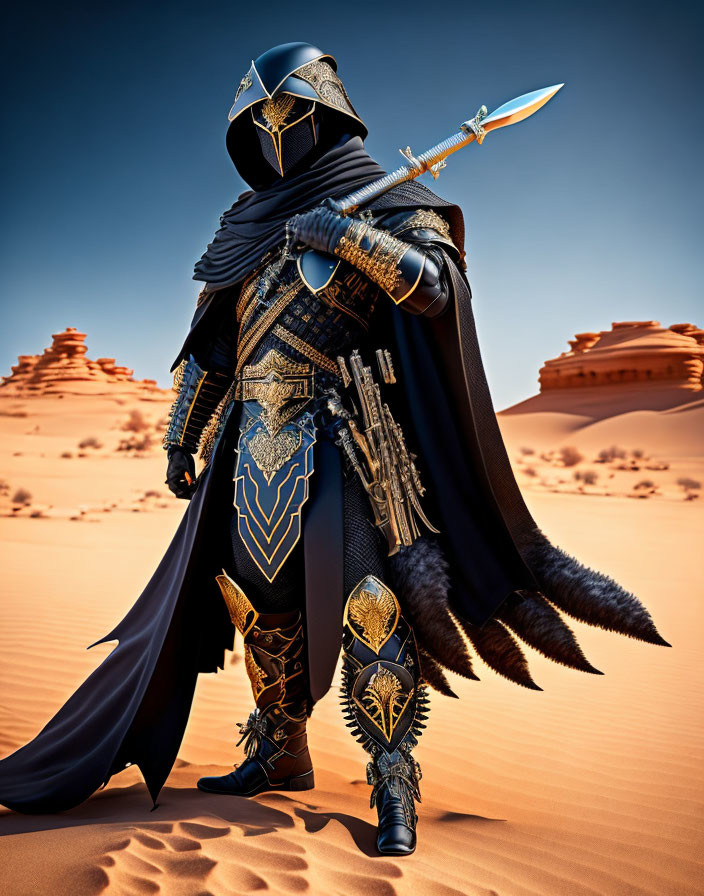 Cloaked figure in black and gold armor with sword in desert landscape