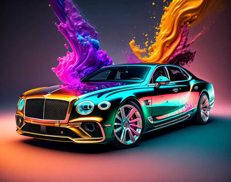 Luxury Car with Neon and Chromatic Colors on Gradient Background