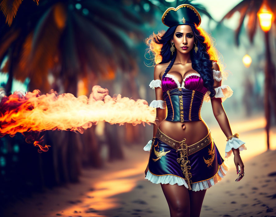 Woman in pirate costume breathing fire on palm-lined beach at dusk