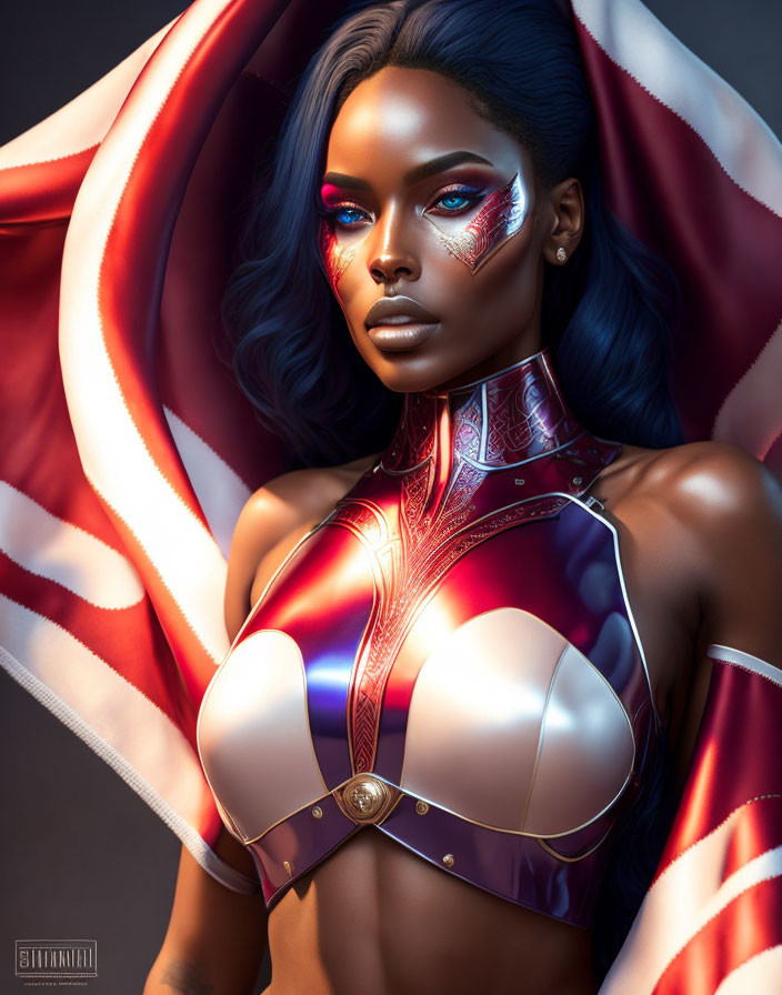 Futuristic digital artwork of woman with blue eyes and red outfit