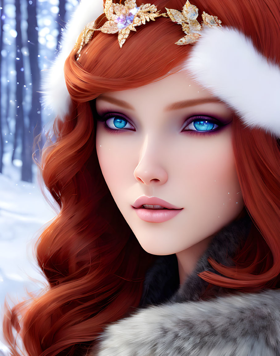 Digital artwork featuring woman with red hair, blue eyes, crown in snowy forest