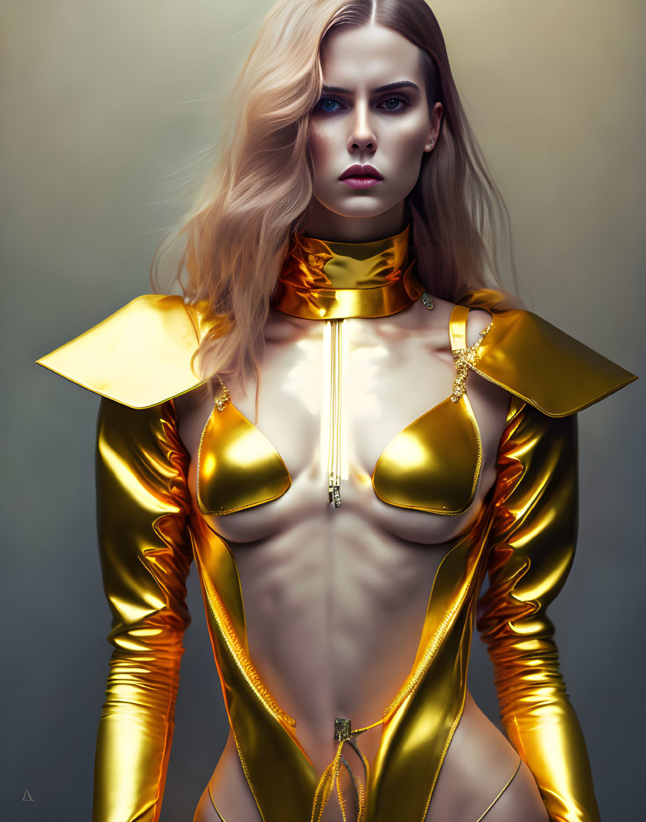 Futuristic metallic gold armor on woman with intense gaze