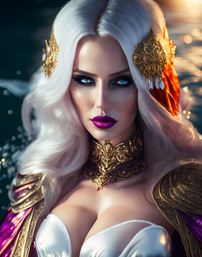 Fantasy portrait of woman with blue eyes, white hair, gold accessories on liquid backdrop