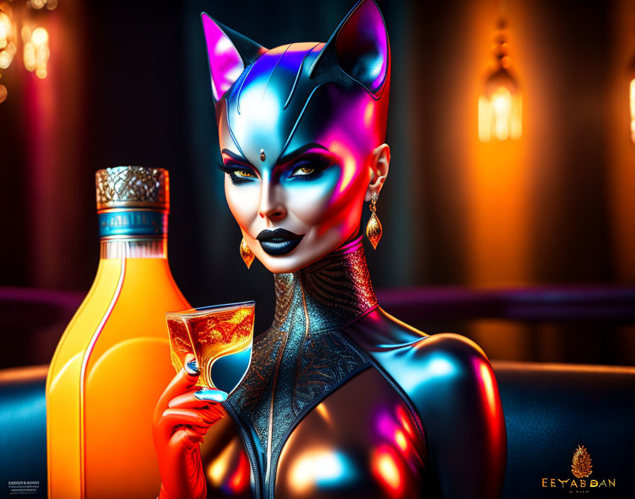 Stylized woman with cat-like makeup holding a cocktail in luxurious, dimly-lit setting